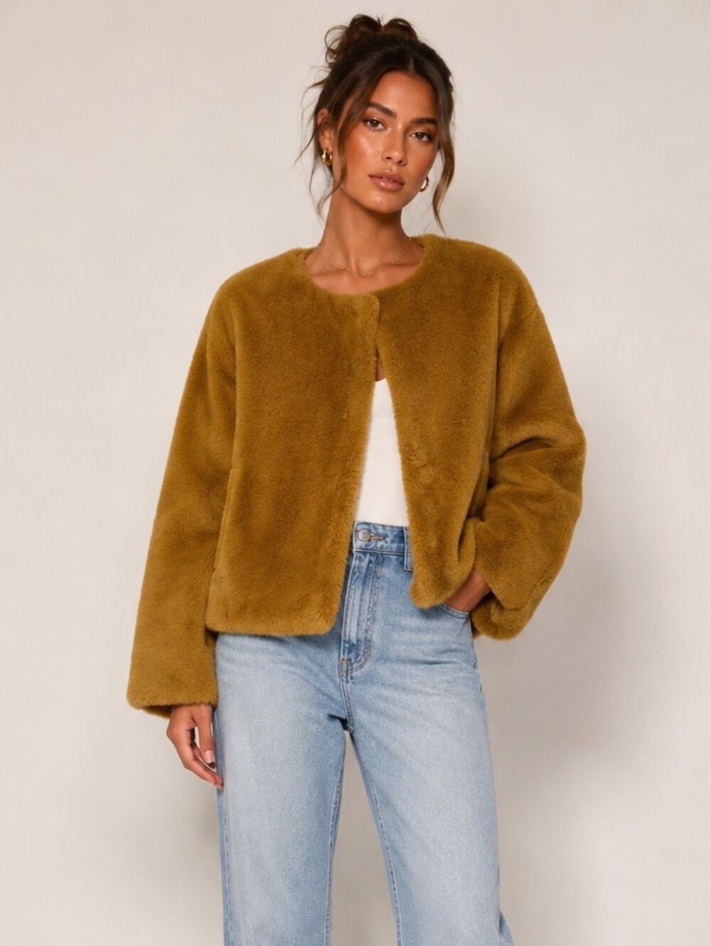Zara Mustard Yellow Teddy Faux Fur Bomber Jacket Size L